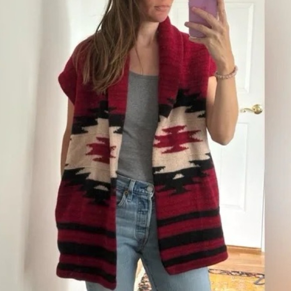 LRL Ralph Lauren Deep Red Native Tribal Aztec Sleeveless Knit Wrap Cardigan, S - Picture 16 of 16
